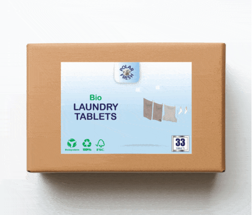 Eco-friendly laundry product in FSC-certified recyclable packaging, sky blue label, and clothesline backdrop.