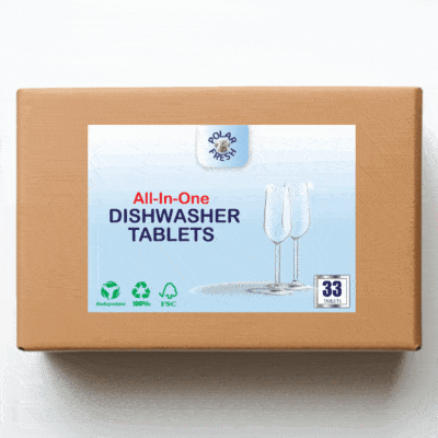 sky blue Eco-friendly dishwasher tablets in FSC-certified packaging with two clean glass cups