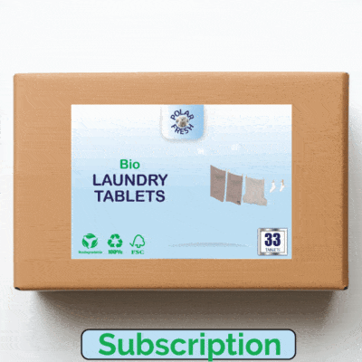 Eco-friendly laundry product in FSC-certified recyclable packaging, sky blue label, and clothesline backdrop.